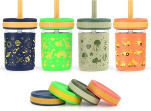 $32 Sursip Toddler Glass Cups with Straw, Spill-Proof Kids Mason Jar Food Storage with Lids, Sippy Cups for Drinks, Smoothies, Snacks, Milk Cup 4 Pack 8 oz 2-in-1