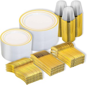 $60 N9R 600PCS White and Gold Plastic Plates, Disposable Dinnerware Set