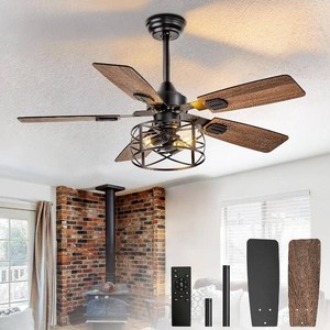 $70 Depuley 42-Inch Ceiling Fans with Lights Caged Ceiling Fans Dual Finish 5 Blades - Rustic Ceiling Fan with Remote Control for Farmhouse Living Room Outdoor Porch Noiseless (Black Walnut)