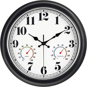 $20 45MinST 13-Inch Vintage Outdoor Wall Clock with Thermometer and Hygrometer, Waterproof, Large Numbers, Silent, for Indoor and Outside Use,Porch,Garden,Pool(Black Frame with Silver Trim)