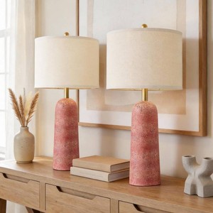 $80 BOBOMOMO 27.25 Modern Table Lamp Set of 2, Red Resin Table Lamps with Stone Look, Lamps for Living Room with Linen Shades, Bedside Lamps for Bedroom Nightstand, Table Lamps for Living Room End Tables