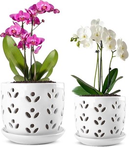 $24 Orchid Pot, 2 Pack Orchid Pots with Drainage Holes and Saucer, 6 Inch and 5 Inch Large Ceramic Planter for Repotting Indoor Plants, Succulent, Decorative, Good Air Circulation, White