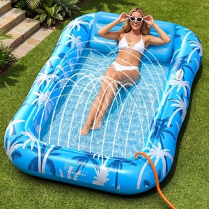 $37 Inflatable Tanning Pool Lounger Float with Sprinkler, X-Large Pool Floats with Auto Spray Cooling, 6 in 1 Sunbathing Lounge Floatie Raft Toys, Blow Up Pool Tanning Bed for Adults Kids Gifts