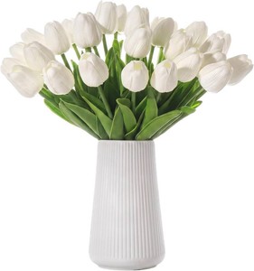 White Artificial Tulips, 20 Pcs PU Real Touch Faux Flowers