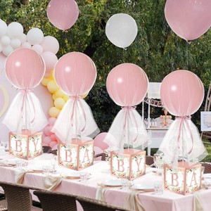 $20 Wettarn 4 Set Pink Girl Baby Shower Table Centerpiece Decor 24 Tulle Tutu Balloon with Letter Boxes Gender Reveal Centerpiece Balloon with White Tulle Cover, Stand, Boxes for Girl Birthday Party