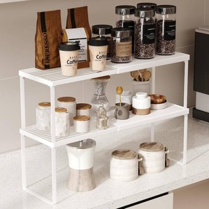 $36 Magheo Expandable Kitchen Countertop Organizer, 2 Pack Stackable Cabinet Shelf Risers, Metal Spice Rack Heavy Duty Counter Organizer Storage for Kitchen, Pantry, Cupboard, Rv (8.7in Height,White)