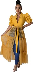 $40 Ekaliy Womens Ruffle Blouse Shirt Asymmetrical Tunic Dress with Belt Size XL