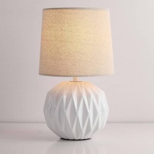 $30 White Ceramic Table Lamp, Geometric Textured Small Bedside Lamp with Linen Shade, Mid Century Modern Nightstand Lamp for Bedroom Living Room Reading Room, H 12 x W 6.7, 7W LED Bulb Included