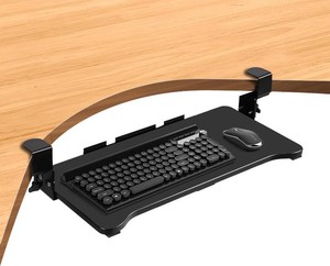 $45 VUSIGN Keyboard Tray Under Desk Height Adjustable,Pull Out with Adjustable C Clamp Mount System for L-Shaped Tables, Extra Sturdy, 26.4 x 11.8 Slide-Out Platform Computer Drawer for Typing, Black