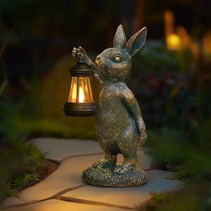 $35 Rabbit Garden Statues with Solar Lantern Bunny Outdoor Figurine