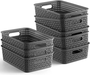 $22 NETANY Plastic Storage Baskets - 8 Pack, Gray, Durable, Easy to Use, Flexible, Multi-Purpose, Ideal for Closets, Cabinets, Shelves, Countertops