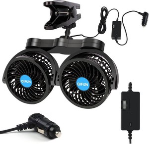 $28 QIFUN Car Fan Adjustable Dual Head 12V 360  Rotatable 4 Inches Car Clip Fan for FrontRear Seat Passenger Car Essentials Cooler with Stepless Speed Regulation for Vehicle SUV, RV