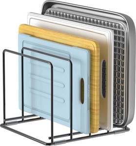 $20 Kitchen Organizer Rack - 4-Slot Heavy-Duty Holder for Cutting Boards,Cookware   Rust-Resistant, Space-Saving Design with Non-Slip Feet for Countertop and Cabinet Storage (1 Pack)