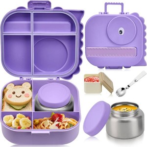 Bento Lunch Box with Thermo, 4-Compartment Bento Box with Adjustable Dividers, Leakproof Dinosaur Lunch Box with 14.2OZ Insulated Food Jar & Sauce Jar, for School Office Travel (Purple)