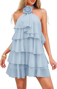 $48 Kaei&Shi Womens Halter Mini Dress, Tiered Ruffle Chiffon Babydoll Large