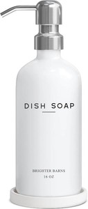 $20 White Glass Dish Soap Dispenser for Kitchen Sink by Brighter Barns - Modern Kitchen Soap Dispenser Set - Refillable Glass Bottle with Pump - Neutral Minimalist Home Decor in Airbnb, Restaurant (White)
