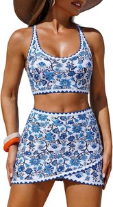 $40 ZAFUL Women Color Block Bikini Set with Wrap Skort Swimsuit with Skirt XL
