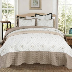 $50 King Size Quilt Set Taupe-104 x90 Cal King Bedspread with 2 Pillow Shams-Exquisite Plaid Embroidery Bedding Comforter for All Season-Lightweight Coverlet