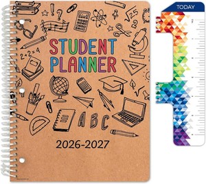 $21 Global Datebooks 2026-2027 Middle & High School Student Planner 8.5 x 11 - Dated Weekly & Monthly Academic Planner with RulerBookmark & Stickers, Ideal for Homework, Block Style, Kraft Doodles (Stock photo for reference, see actual photos for true