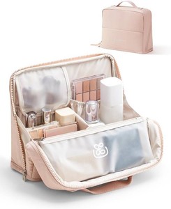 $30 EACHY Standing Makeup Bag - Waterproof Cosmetic Bag & Toiletry Bag Organizer with Phone Holder, Detachable Dividers, Wipe-Clean Brush Pouch for Women