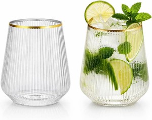 $43 40 Pack 12oz Ribbed Gold Rim Disposable Wine Glasses, Plastic Cocktail Cup
