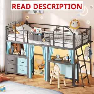 $220 Twin Low Loft Bed with Desk, Drawers, Lights