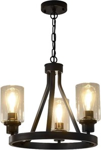 $129 Bronze Chandelier,Farmhouse Chandelier Lighting Round 3 Lights with Glass Shade Ceiling Hanging Vintage Rustic Light Fixture for Dining Room Living Room Foyer Porch Kitchen Island