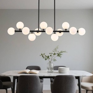 $260 50 Inch Large Glass Globe Sputnik Chandelier, 12-Light Mid Century Modern Dining Light Fixture Over Table, Black Linear Chandeliers for Dining Room Kitchen Island Living (Milk White Bubble)