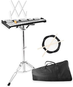 $150 Mr.Power 32 Notes Glockenspiel Bell Kit with 8 Practice Pad, Adjustable Height Stand, Music Sheet Clip, Glockenspiel Mallets, Drumsticks, and Carrying Bag
