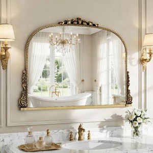 26x35 inch Vintage Arched Gold Ornate Baroque Mirror - Wall Vanity Mirror with Beautiful Retro Top and Bottom Engraving Process Frame for Bathroom, Living Room, Fireplace, Entryway, HD Tempered Glass