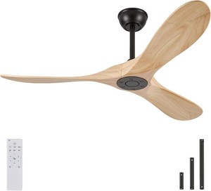 $190 52 Inch Natural Wood 3-Blade Ceiling Fan, No Light, Remote Control