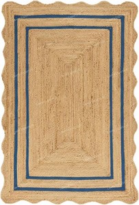 Natural Jute Wave Scalloped Area Rug 6x8 Ft - Blue Rectangular Stripe Rugs for Home & Kitchen, Handmade Carpet, Natural Jute Hallway Large Rectangular Area Rug