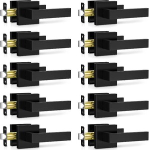 Plustool 10 Pack Matte Black Door Handles Interior, Passage Door Knobs Closet Door Levers for Hallway, Heavy Duty Square Doorknob Non-Locking Handlesets for Left & Right Sided Doors