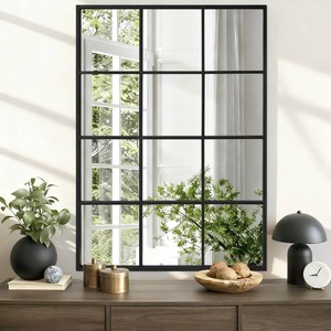 Rectangle Mirror, Window Mirrors Wall Mounted, 35 24 Window Pane Wall Decor Metal Framed, Large Black Mirror for Bedroom Living Room Fireplace Entryway Hanging or Leaning Against Wall