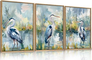 HLNIUC Great Blue Heron Wall Art Set of 3, Watercolor Coastal Bird Wall Decor(36x24), Wildlife Animal Illustrations Canvas Painting, Modern Boho Nature Avian Art Prints for Living Room,Bedroom, Office