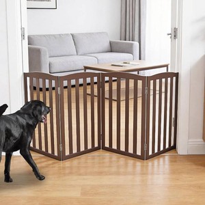 ZJSF Foldable Freestanding Indoor Dog Gate for House Wood White Long Pet Gates Dog Fence for Stairs Puppy Gates for Hallways, Puppy Gate,Support Feet Included, Brown, 24 Height-4 Panels
