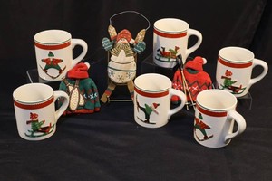Six Winter Scenic Mugs & Winter Sports Ornaments Mixed Lot
