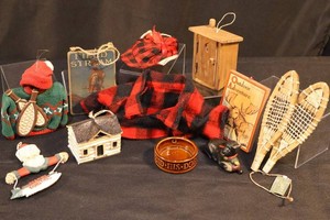 Rustic Cabin Christmas Ornaments Mixed Lot - Snowshoes, Dogs & Fishing Santa