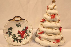 Vintage Lefton Cardinal Dish & Ceramic Christmas Tree Mixed Lot