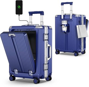 Portable Carry on Luggage Airline Approved, Luggage with Wheels for Trips, Practical Suitcase with Front Pocket   USB Port.(01-Blue)