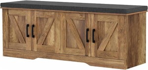 $140 HOMSHO Farmhouse Shoe Storage Bench with 4 Barn Doors & Padded Seat Cushion
