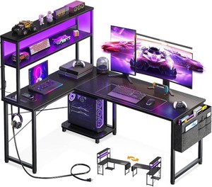 $130 AODK L Shaped Desk Gaming Desk with LED Light & Power Outlet