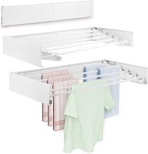 Wall Mounted Laundry Drying Rack, Carbon Steel Foldable & Retractable Clothes Drying Rack, Space Saving Adjustable Towel Holder for Bathroom, Laundry, Small Spaces (1, White, 31.5)