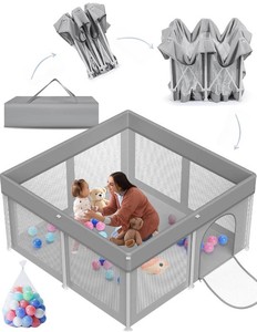 Foldable Baby Playpen 50 50, Playpens for Babies, Playard for Babies and Toddlers, Portable Safety Baby Fence Lightweight,No Installation, Indoor & Outdoor Playpen with Ocean Balls50, Grey