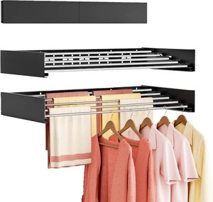 Wall Mounted Clothes Drying Rack Folding Indoor, Foldable Laundry Drying Rack Collapsible,Invisible, Space Saving, Retractable Towel Drying Rack, with Wall Template(6 Drying Rods, Black 40)