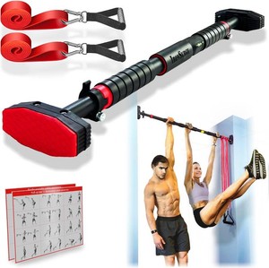 Pull Up Bar for Hallway or Doorway 6-piece Set with Two Attachable Resistance BandsHandles, Training Manuals, No Screws Chin Up Bar, Max 680lbs, Width options 27-37, 37-47 46-53