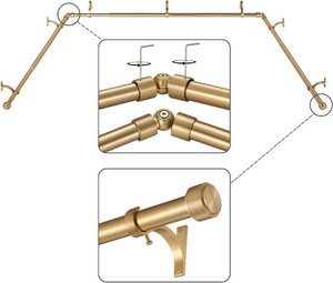 Warm Gold Bay Window Curtain Rods with Aluminum End Cap Finials and Brackets,Adjustable 36-72 Inch Center Rod for windows (24-68), 20-36 Inch Side Rods for windows (16-32),1 Inch Diameter