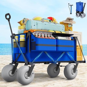 $160 Beach Wagon with Big Wheels for Sand - 450lbs Load Heavy Duty Wagons Carts Foldable with 9" All Terrain Inflatable Tires, Collapsible Beach Cart for Grocery Shopping Garden Sports Camping Outdoor