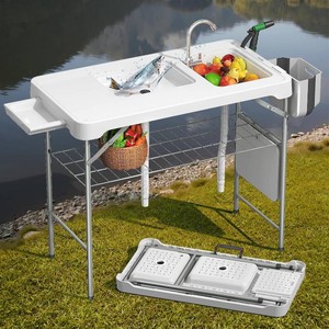 Folding Fish Cleaning Table with 2 Sinks for Picnic, Camping, 42.5 White