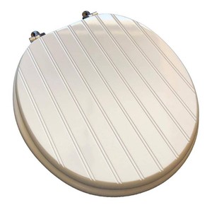 Deluxe Sculpted Molded Wood Round Closed Front Toilet Seat with Cover and Chrome Hinge in White Bead Board